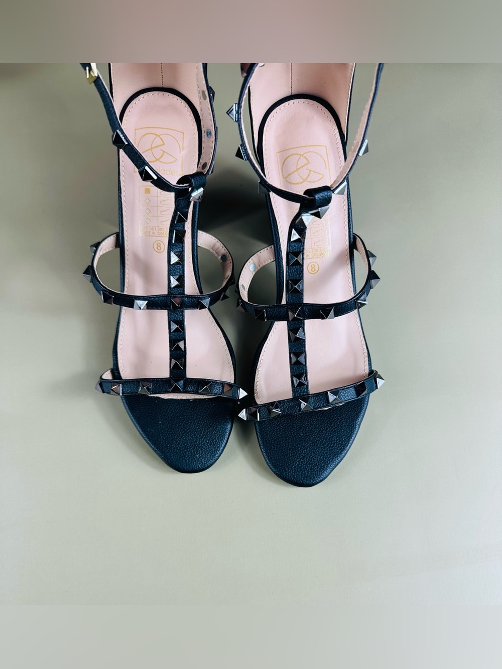 Black Studded T-Strap High Heel Sandals
